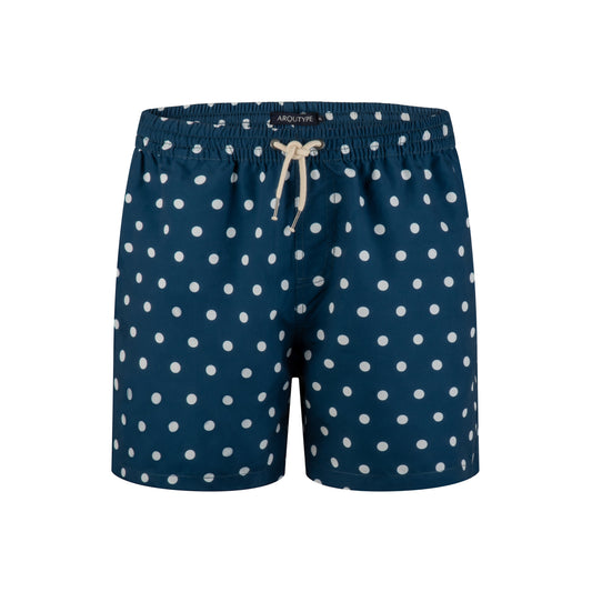 Santa Monica Swim Shorts with white polka dots, featuring elastic waistband and drawstring.