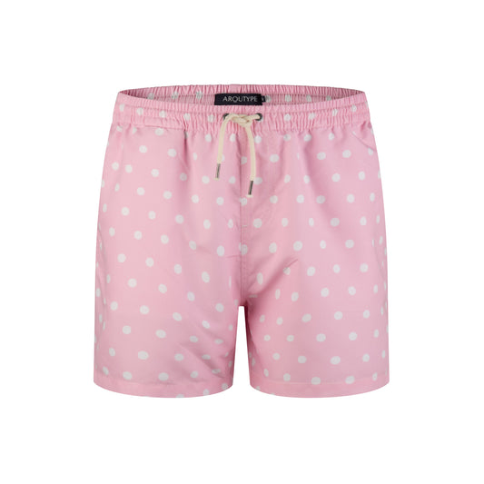 Pink polka dot Bora Bora swim shorts with elastic waistband and drawstring.