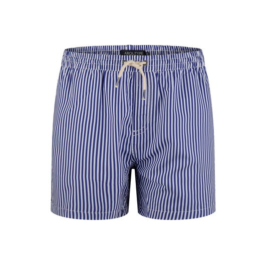 Cannes Swim Shorts, blue striped, recycled polyester, elastic waistband, quick-dry, mesh lining.