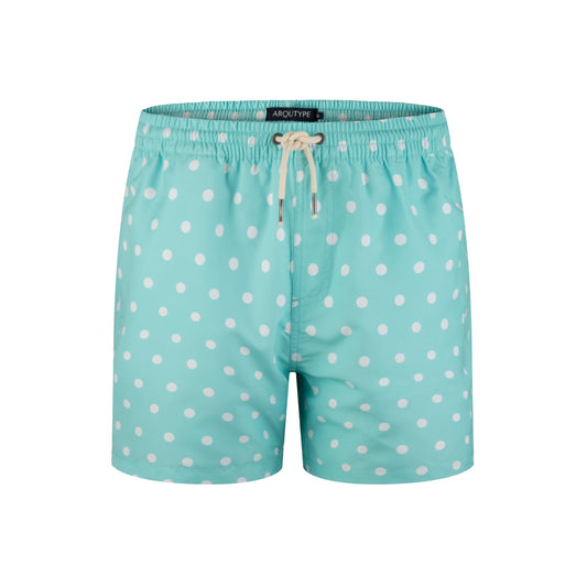 Light blue Whitehaven Swim Shorts with white polka dots, featuring a drawstring waistband and eco-friendly material.