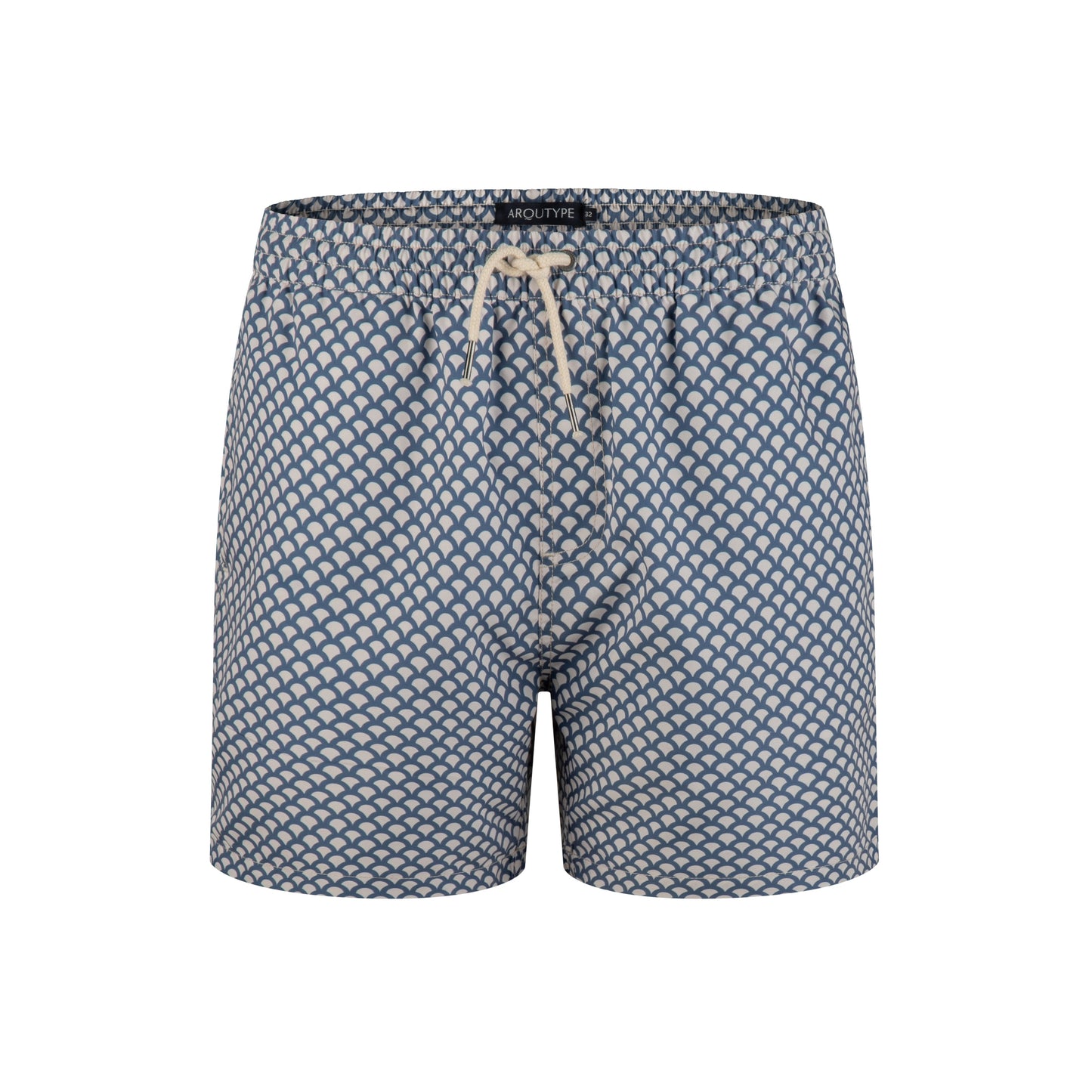Maldives Swim Shorts with blue and white pattern, elasticated waistband, and drawstring.