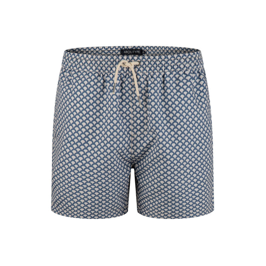 Maldives Swim Shorts with blue and white pattern, elasticated waistband, and drawstring.