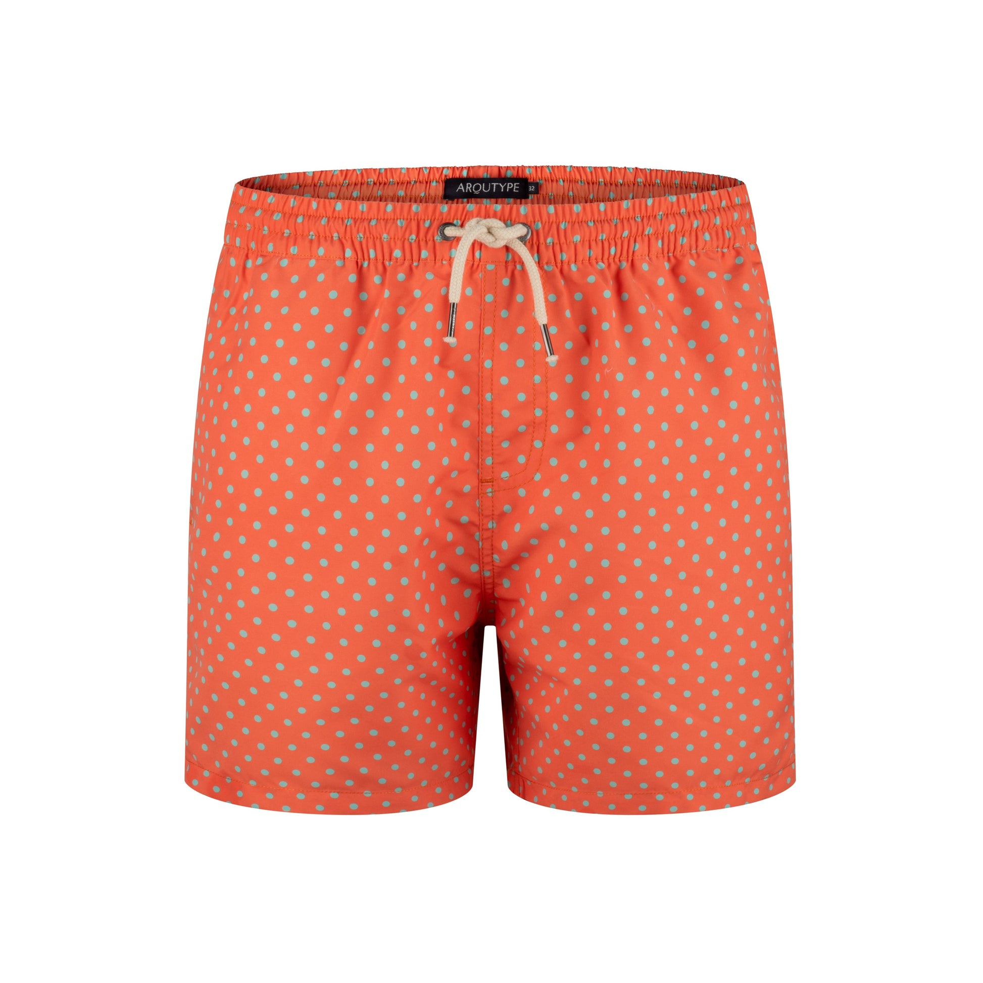 Bondi Swim Shorts with polka dot design, elastic waistband, and recycled polyester.