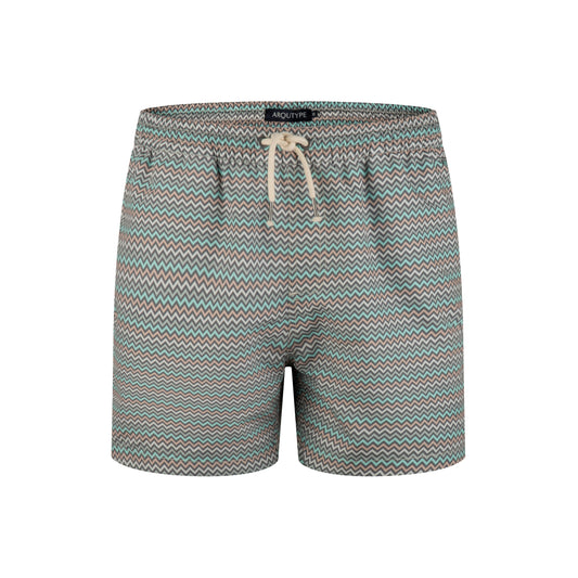 Tulum Swim Shorts with zigzag pattern and drawstring waistband.