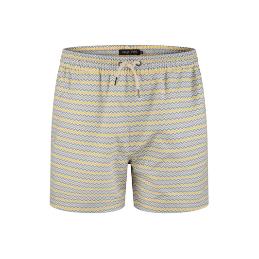 Miami Swim Shorts with zigzag pattern, slim fit, mid-thigh length, elasticated waistband, recycled polyester.