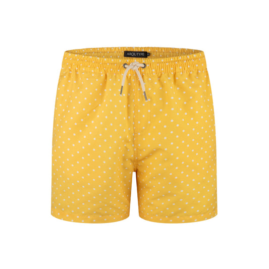 Yellow polka dot St Lucia swim shorts with elastic waistband and drawstring.