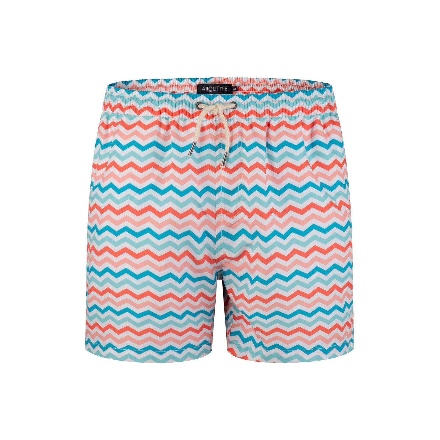 Montego Bay Swim Shorts with colorful zigzag pattern and drawstring waist.