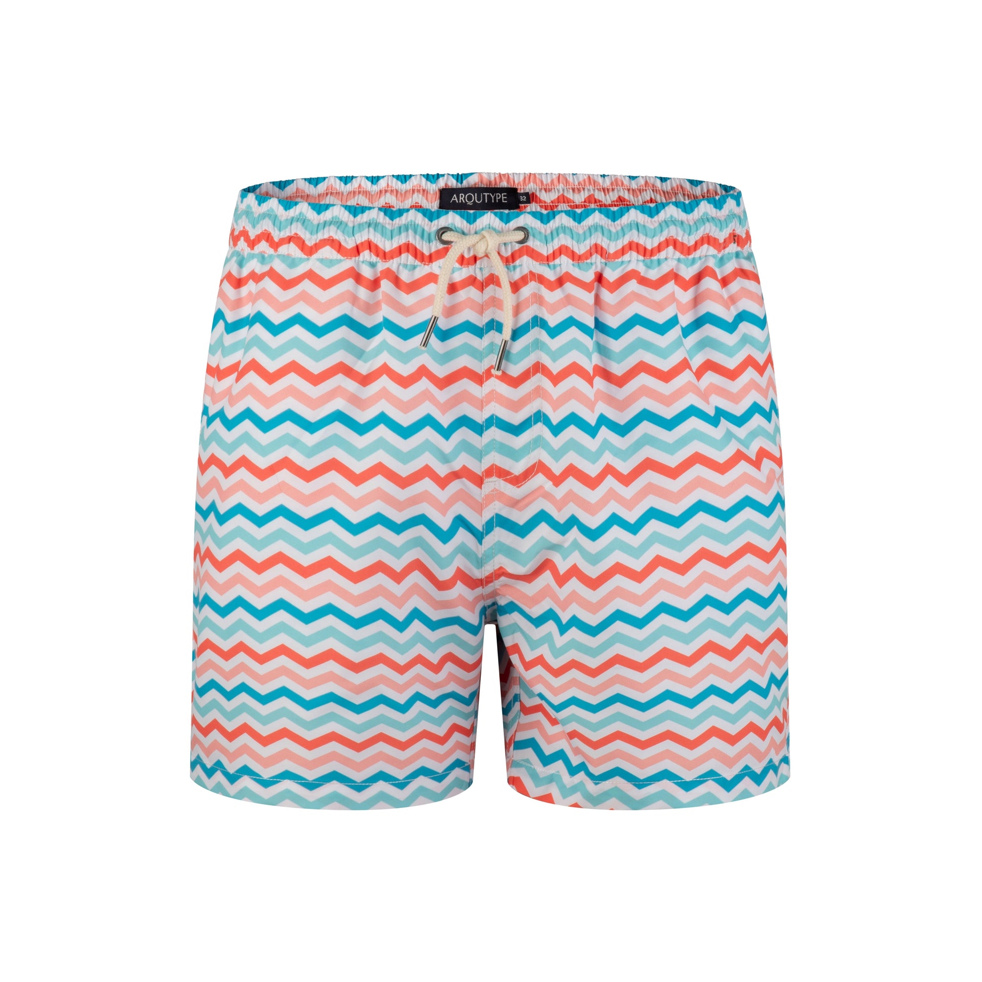 Montego Bay Swim Shorts with colorful zigzag pattern and drawstring waist.