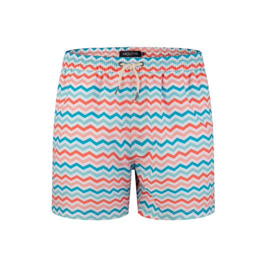 Montego Bay Swim Shorts with colorful zigzag pattern and drawstring waist.