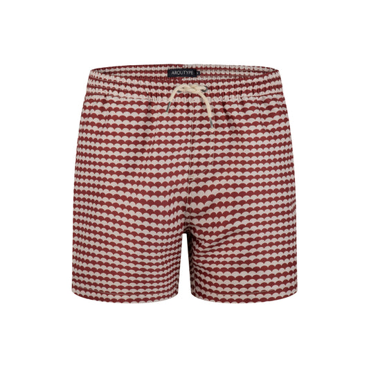 Byron Swim Shorts with elastic waistband and drawstring, featuring a red and white wave pattern.