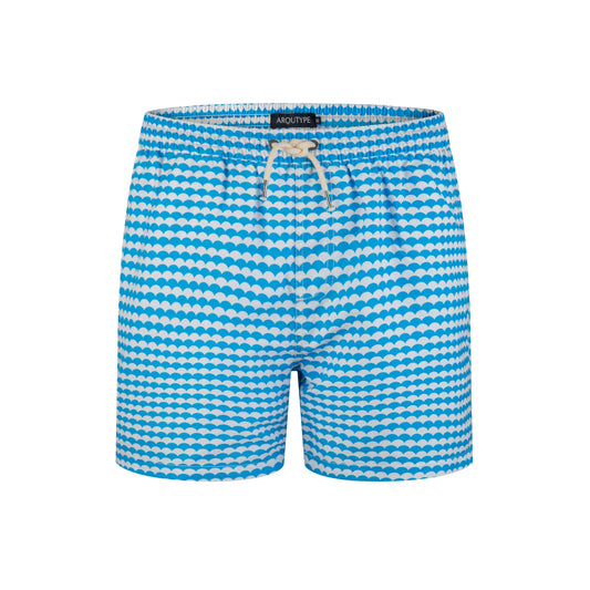 Santorini Swim Shorts with blue and white pattern, featuring elasticated waistband and drawstring.