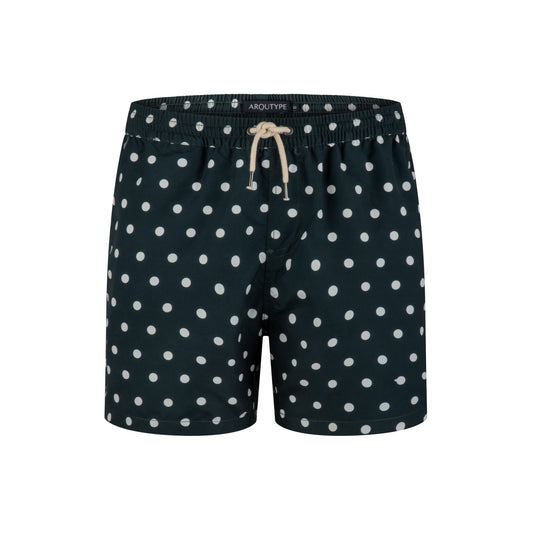 Como Swim Shorts with polka dot design, featuring elastic waistband and drawstring for comfort and style.