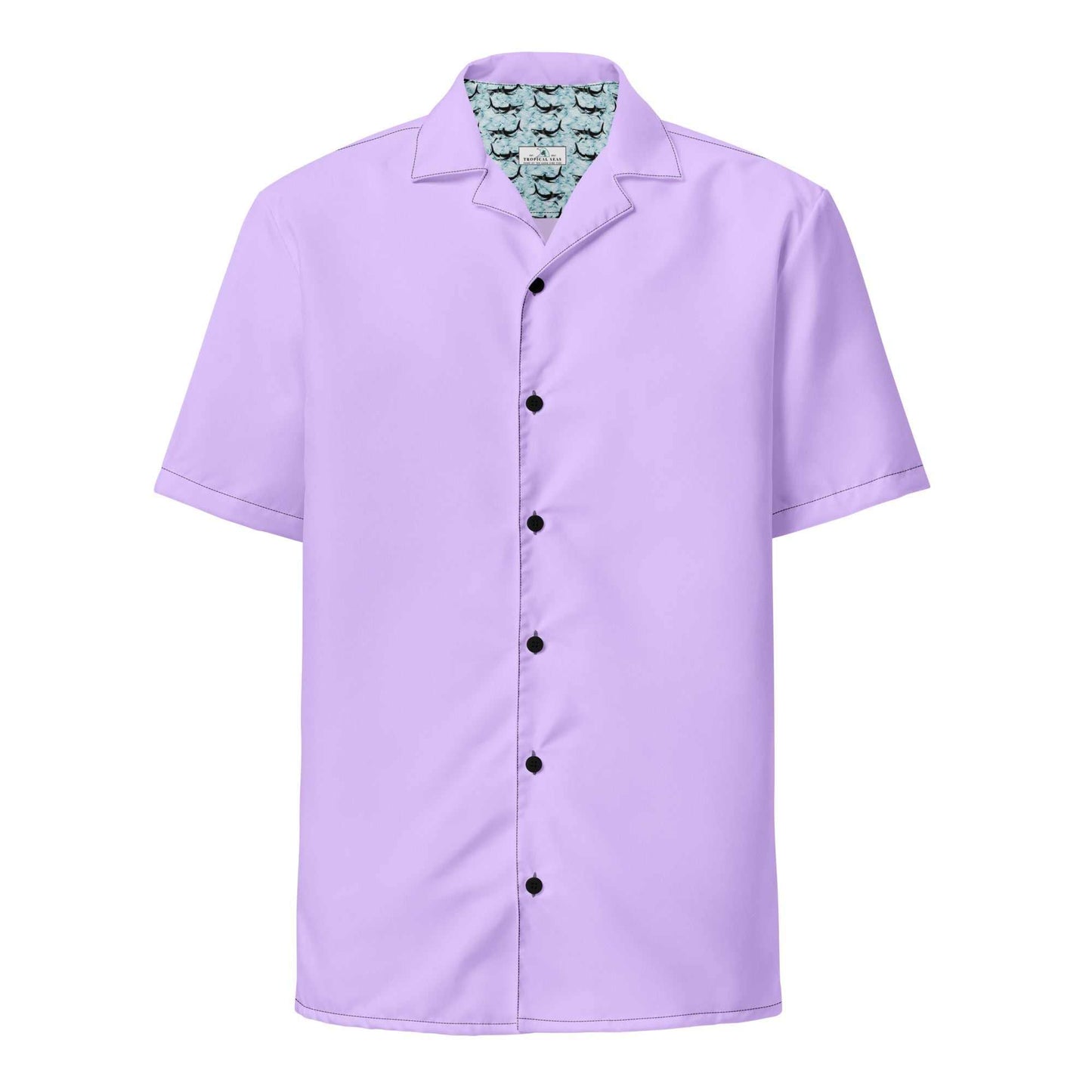 Labelless deep purple button down camp shirt made from recycled polyester with short sleeves and black buttons