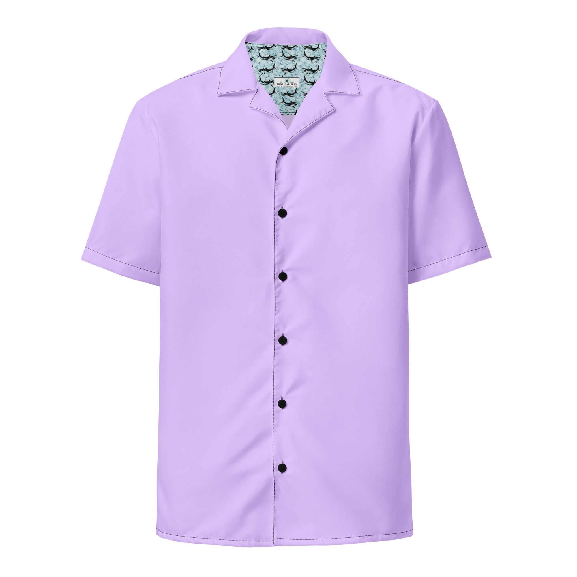 Labelless deep purple button down camp shirt made from recycled polyester with short sleeves and black buttons