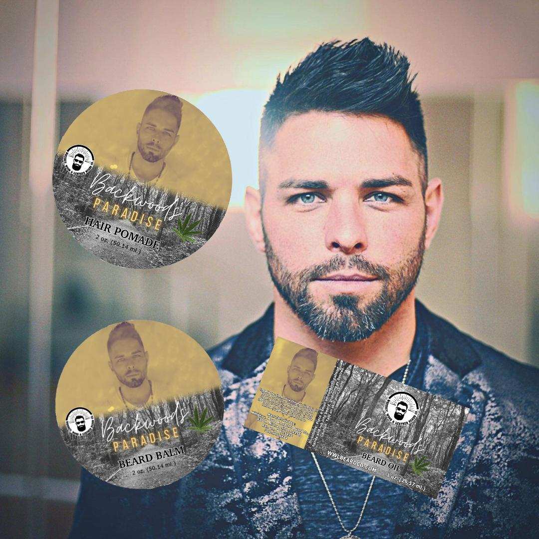 Backwoods Paradise Beard & Hair Bundle with beard oil, balm, and hair pomade featuring woody, musky, cherry tobacco, and spice scents.