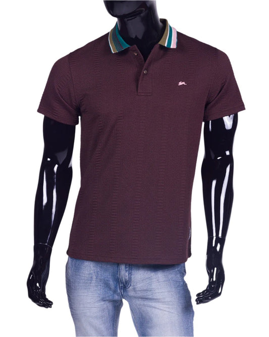 Men's short sleeve fancy knit polo with color blocked stripe collar and rabbit embroidery.