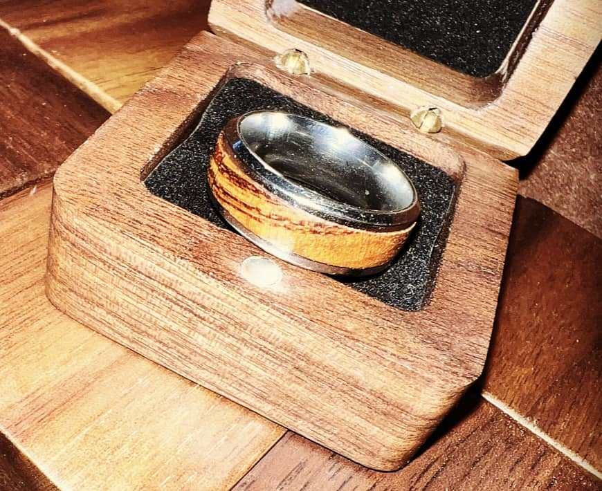 Ring with Brazilian Koa wood inlay in box.