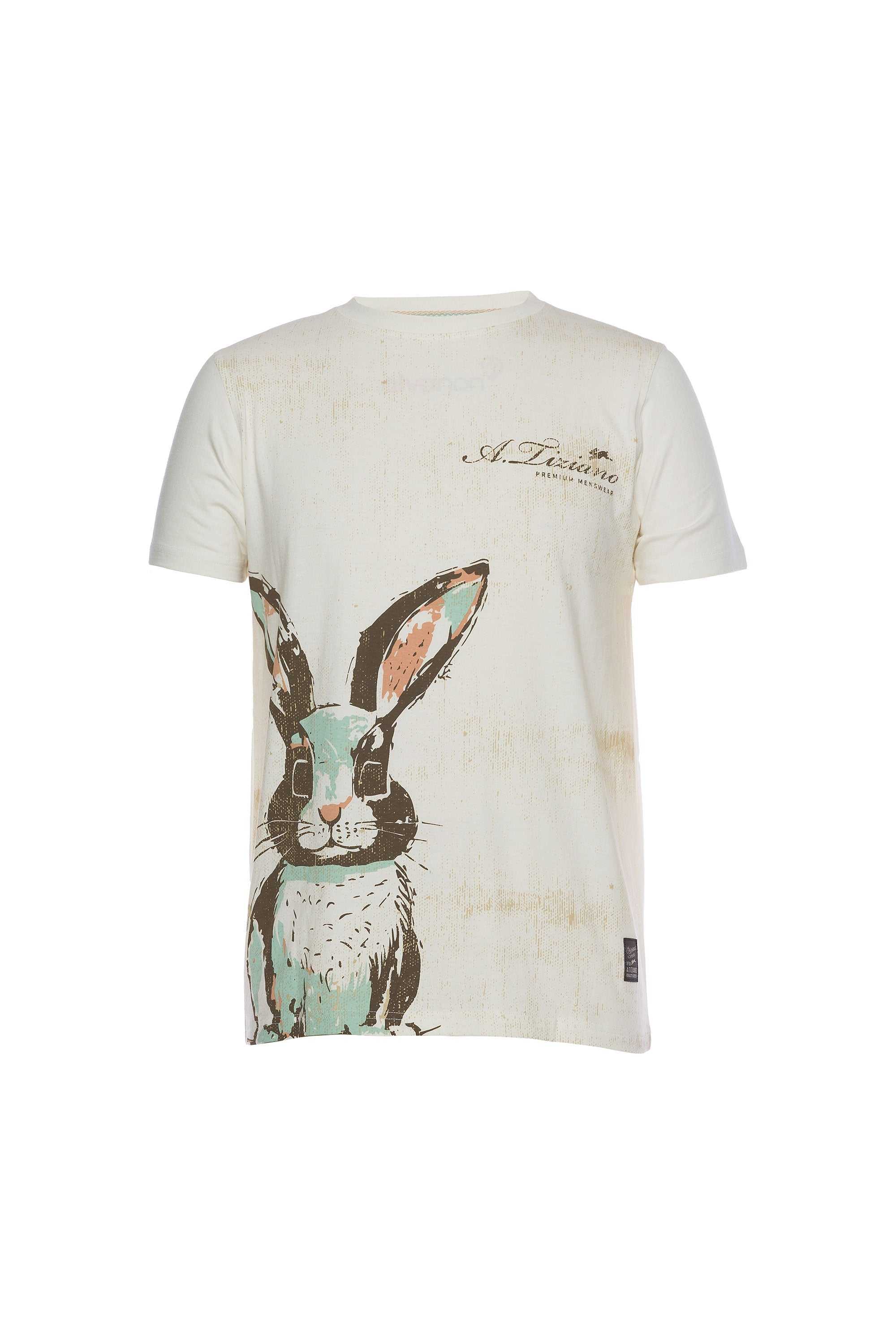 Short sleeve crew tee with rabbit graphic print, signature embroidery, and woven label, 100% cotton.