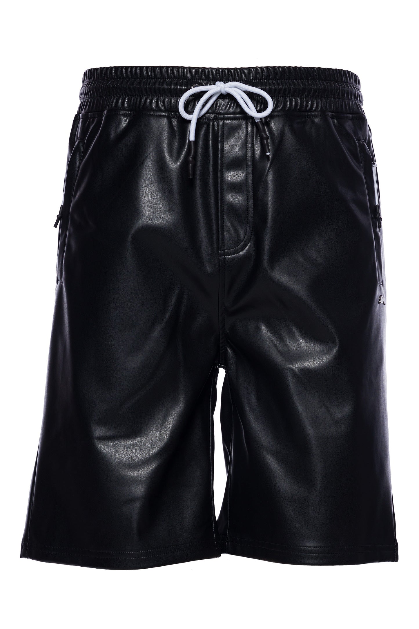 Vegan leather short with elastic waistband, zippered pockets, and metal rabbit pin.