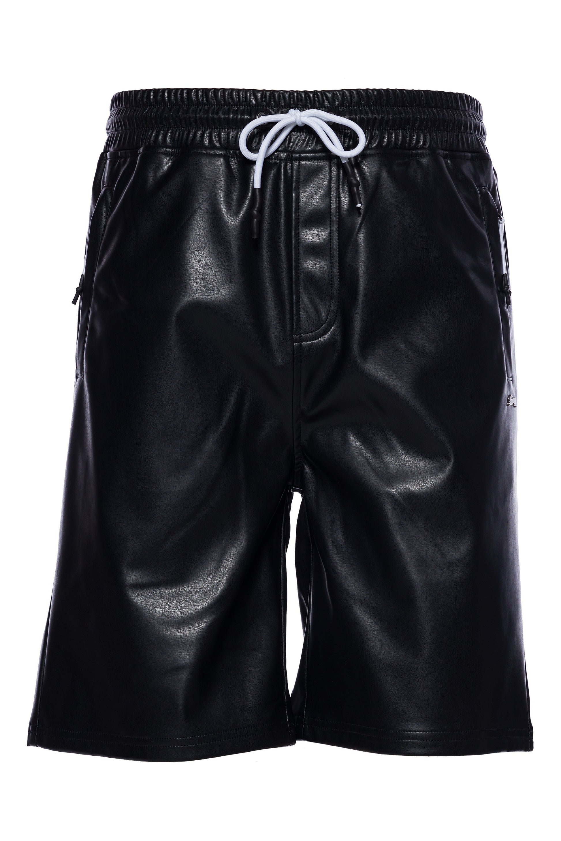 Vegan leather short with elastic waistband, zippered pockets, and metal rabbit pin.