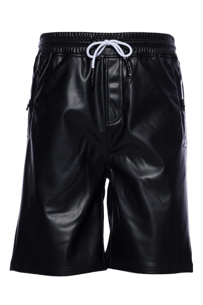 Vegan leather short with elastic waistband, zippered pockets, and metal rabbit pin.