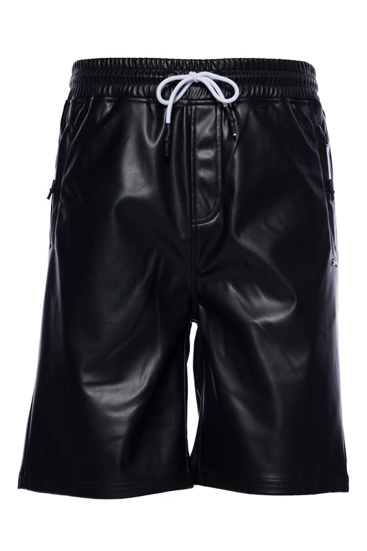 Vegan leather short with elastic waistband, zippered pockets, and metal rabbit pin.