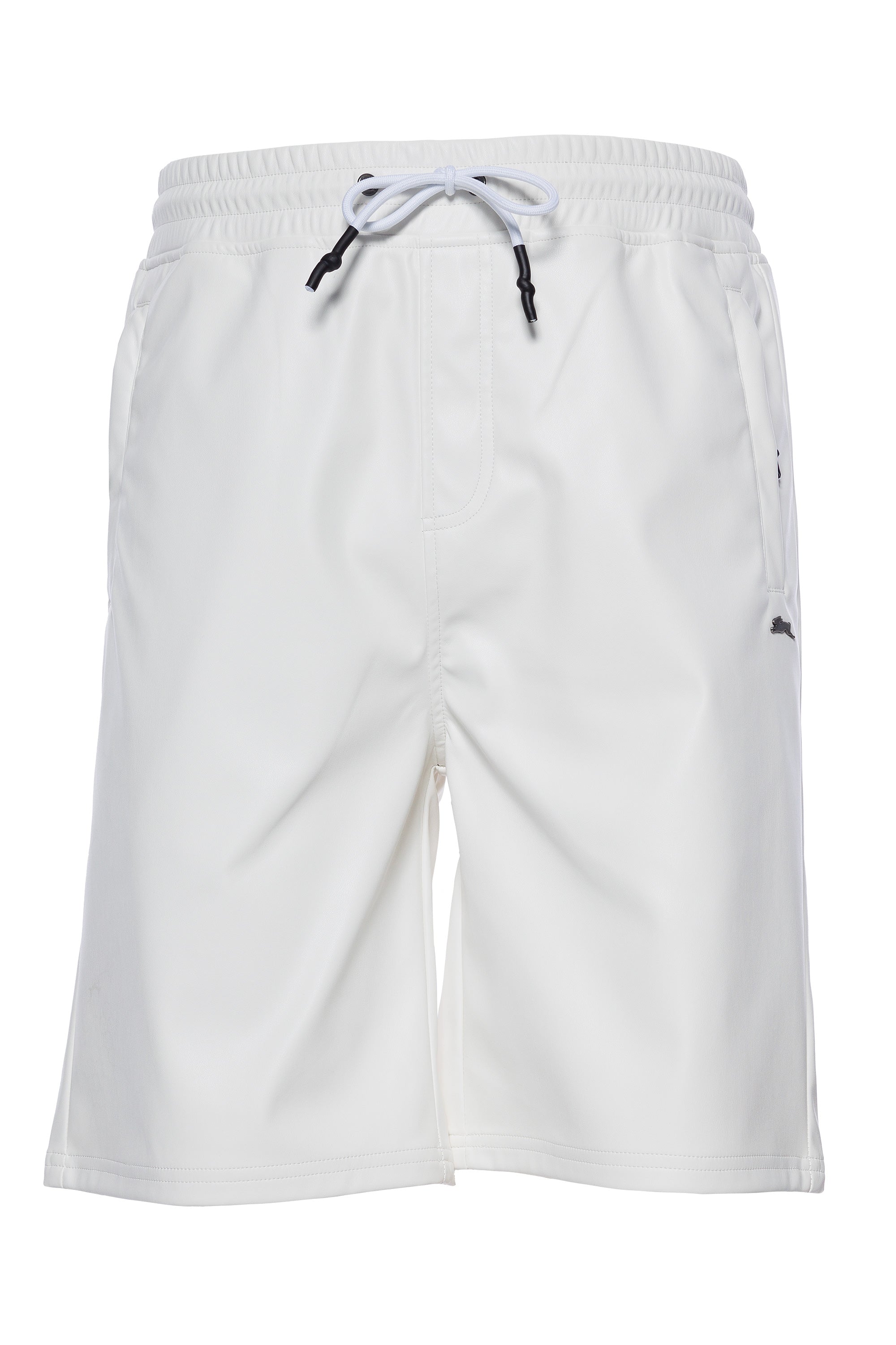 Vegan leather shorts with zippered pockets, elastic waistband, and metal rabbit pin.