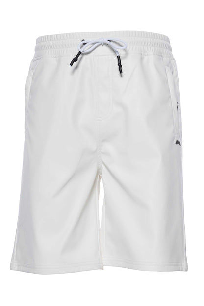 Vegan leather shorts with zippered pockets, elastic waistband, and metal rabbit pin.