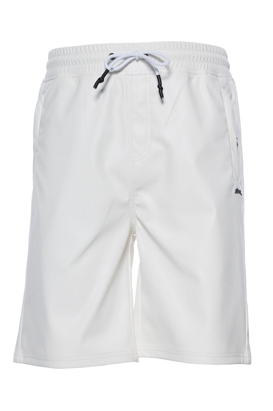 Vegan leather shorts with zippered pockets, elastic waistband, and metal rabbit pin.