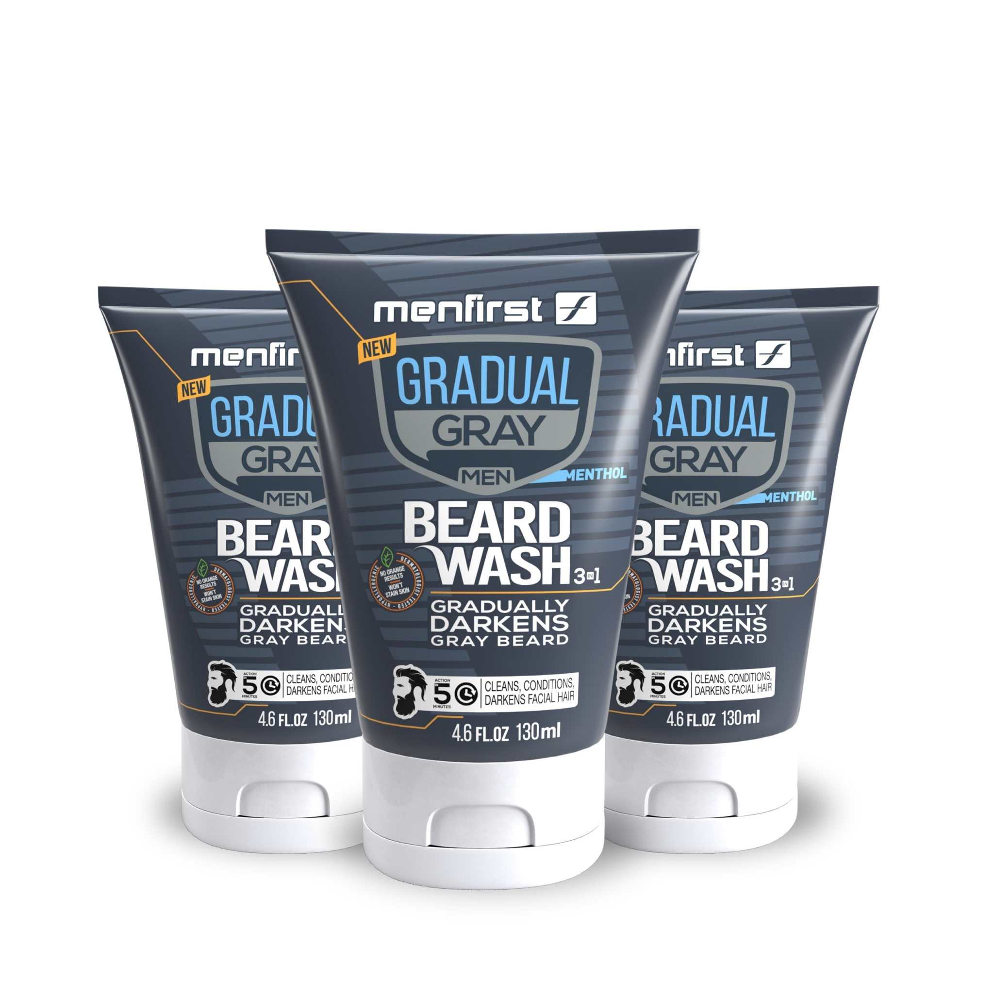 Menfirst Gradual Gray Beard Wash 3-pack with natural darkening formula for gradual gray reduction and softer fuller beard, 4.6 oz each