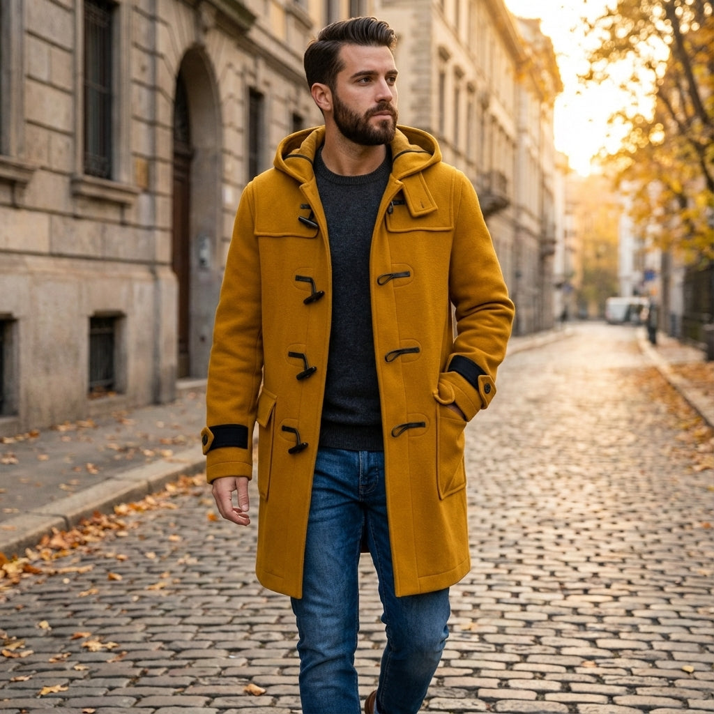 MENLL Retro Wool Trench Coat Men's Outdoor Warm Horn Button Overcoat