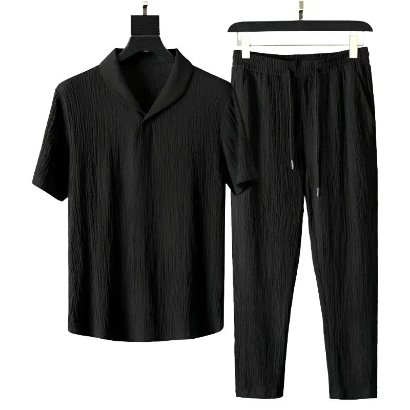 Summer Men Vacation set with short sleeves, v-neck, and drawstring closure in solid black.