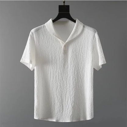 Summer Men Vacation set with v-neck, short sleeves, solid pattern, in white.