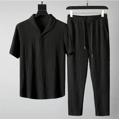Summer Men Vacation set in black with short sleeves, V-neck, and drawstring pants for a stylish, casual look.