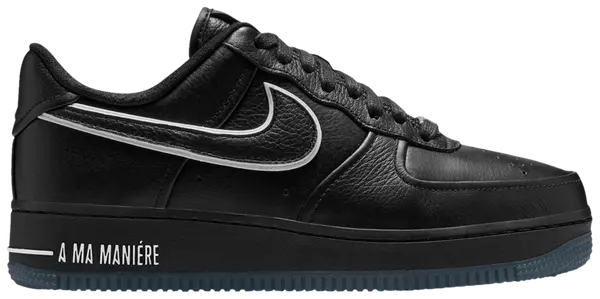 A Ma Maniére x Wmns Air Force 1 Low 'Hand Wash Cold' 2025 black leather sneakers with white Swoosh.