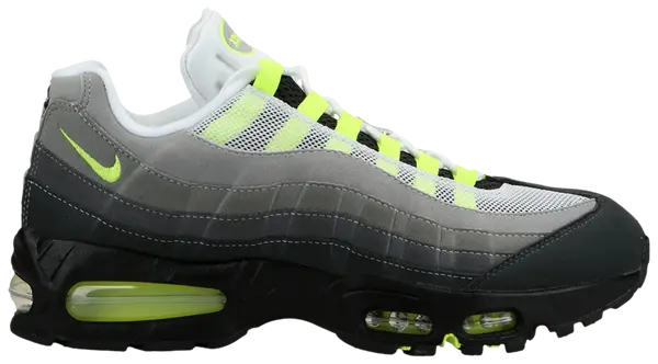 Nike Air Max 95 OG 'Neon' 2025 sneakers with gradient grey suede upper and neon yellow accents.