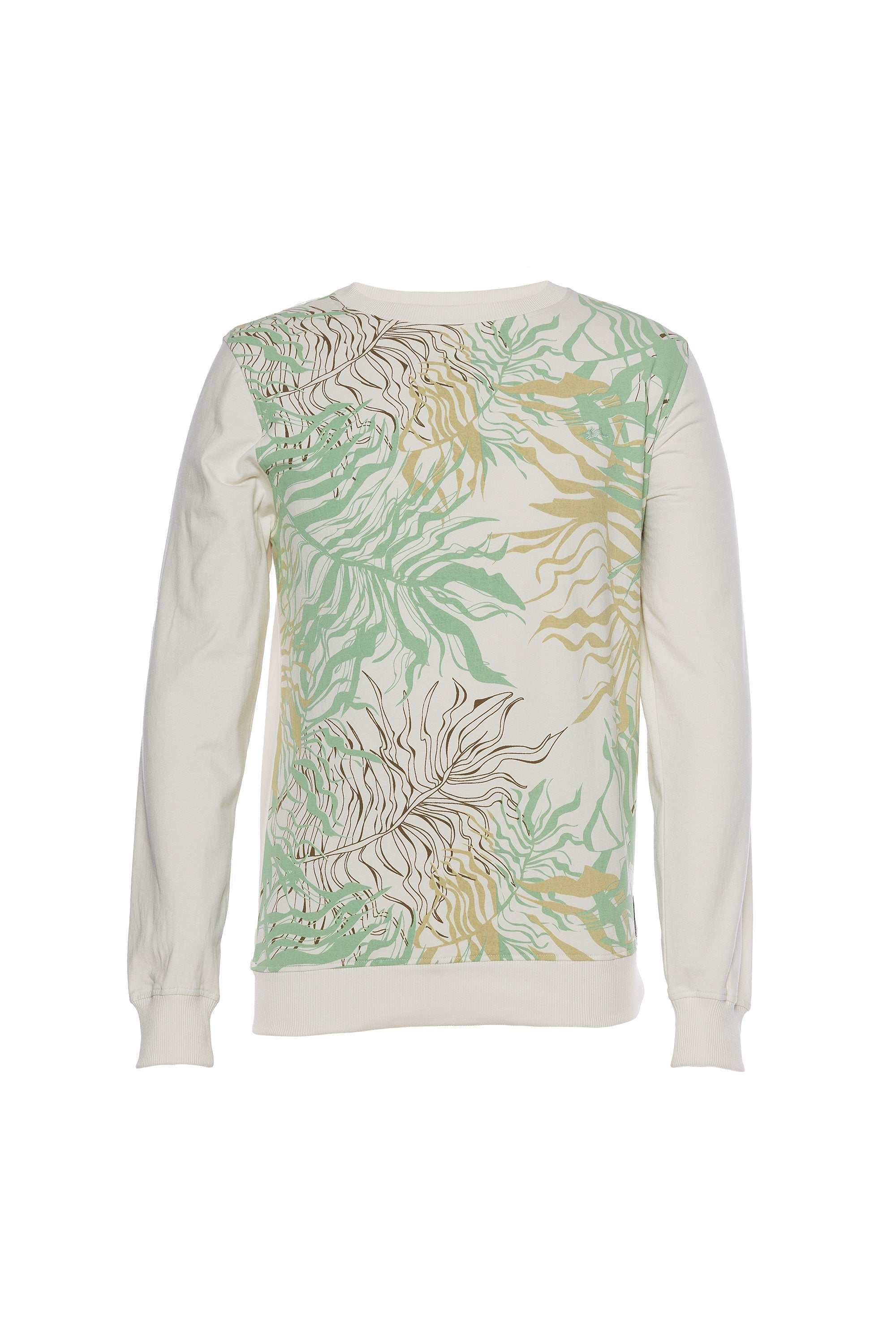 Hank Printed Fleece Crewneck with long sleeves, screen print design, rabbit embroidery, and woven label.