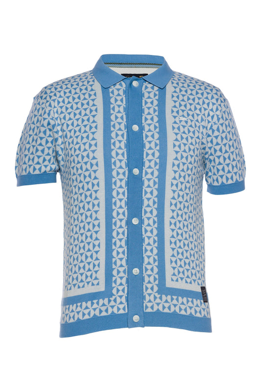 Hanks short-sleeved diamond and stripes jacquard sweater knit shirt with button front closure.