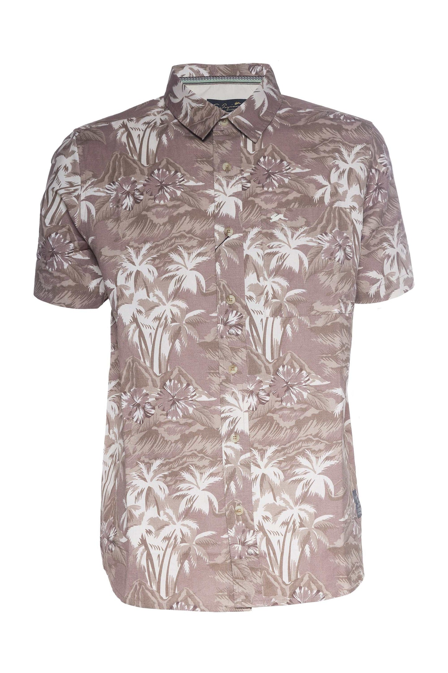 Printed linen shirt with floral pattern, button front, chest pocket, and signature embroidery.