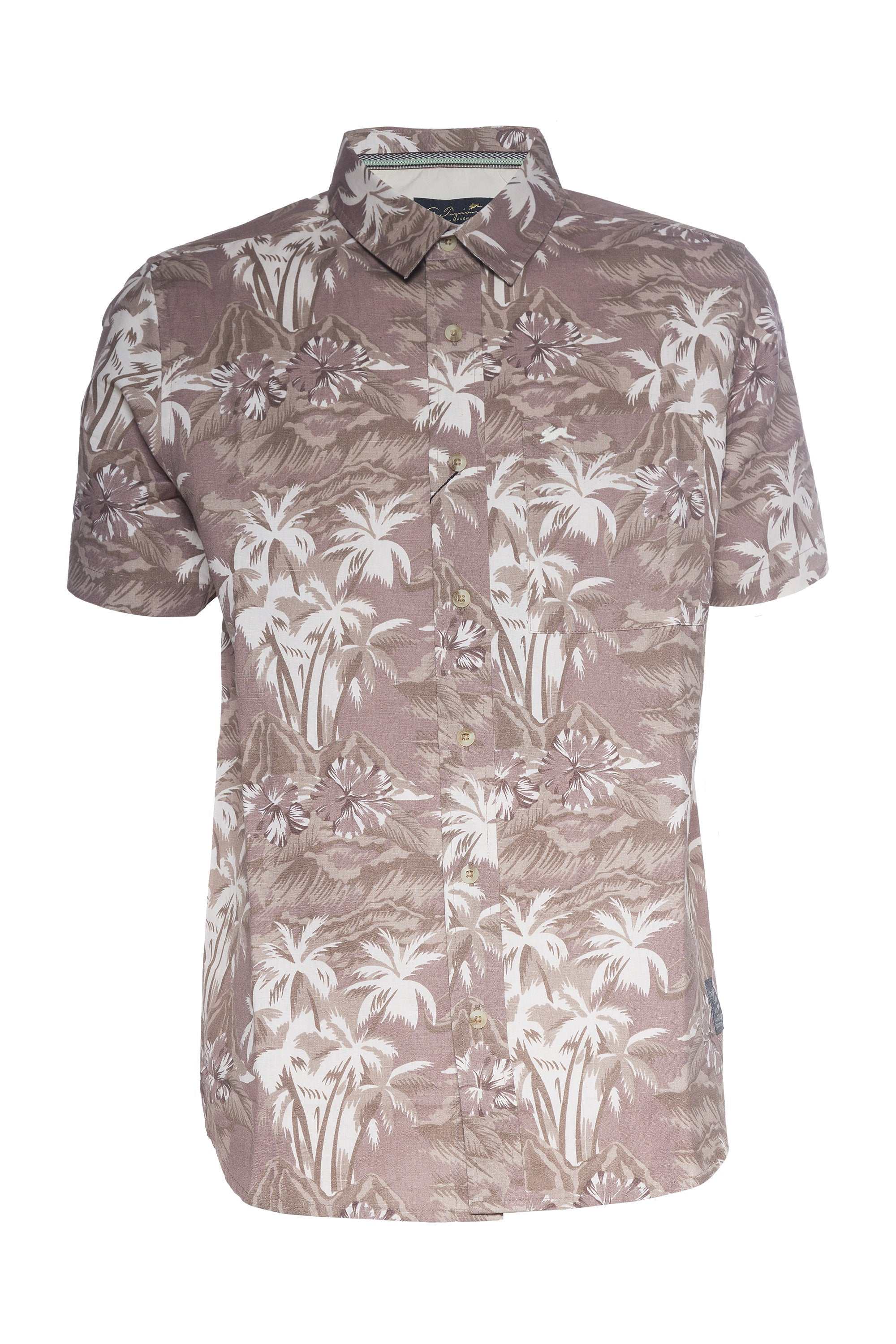 Printed linen shirt with floral pattern, button front, chest pocket, and signature embroidery.
