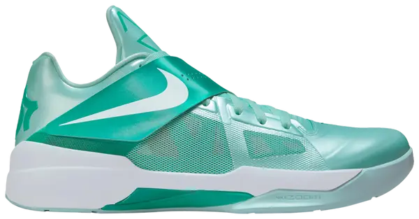 Nike Zoom KD 4 'Easter' 2025 sneakers, glossy mint upper, translucent mesh panels.
