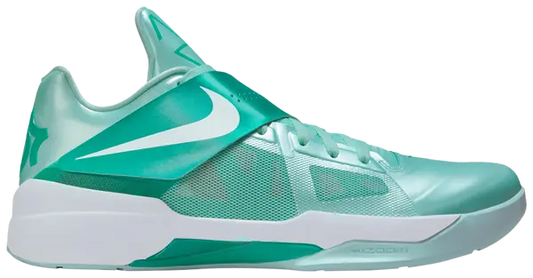 Nike Zoom KD 4 'Easter' 2025 sneakers, glossy mint upper, translucent mesh panels.