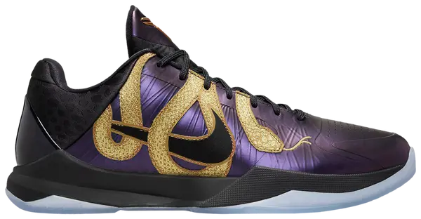 Zoom Kobe 5 Protro 'Year of the Mamba - Eggplant' sneakers with purple iridescent upper and golden snake graphic.
