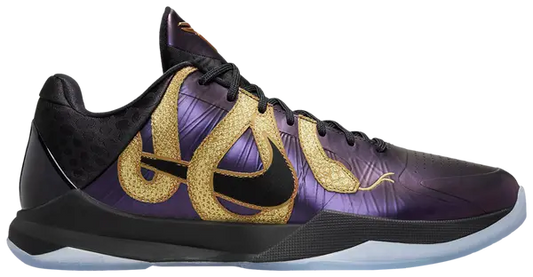Zoom Kobe 5 Protro 'Year of the Mamba - Eggplant' sneakers with purple iridescent upper and golden snake graphic.