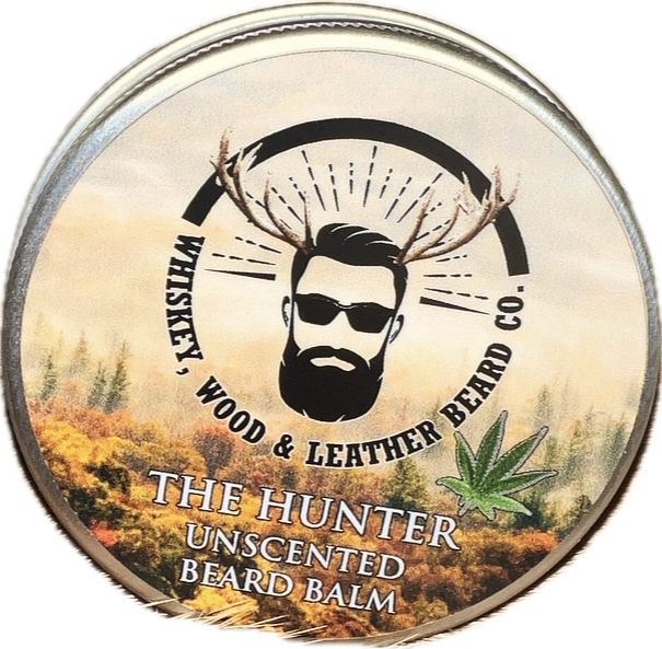 The Hunter Unscented Beard Balm tin with woodland-themed design.
