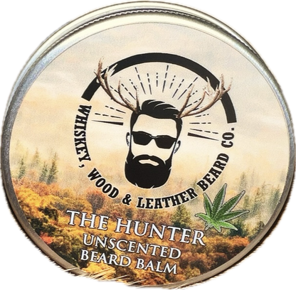 The Hunter Unscented Beard Balm tin with woodland-themed design.