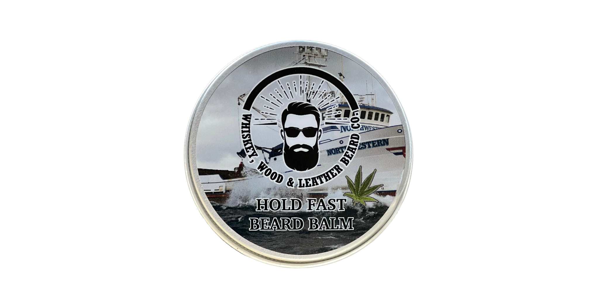 Hold Fast Beard Balm tin with Northwestern fishing vessel label, beard care product.