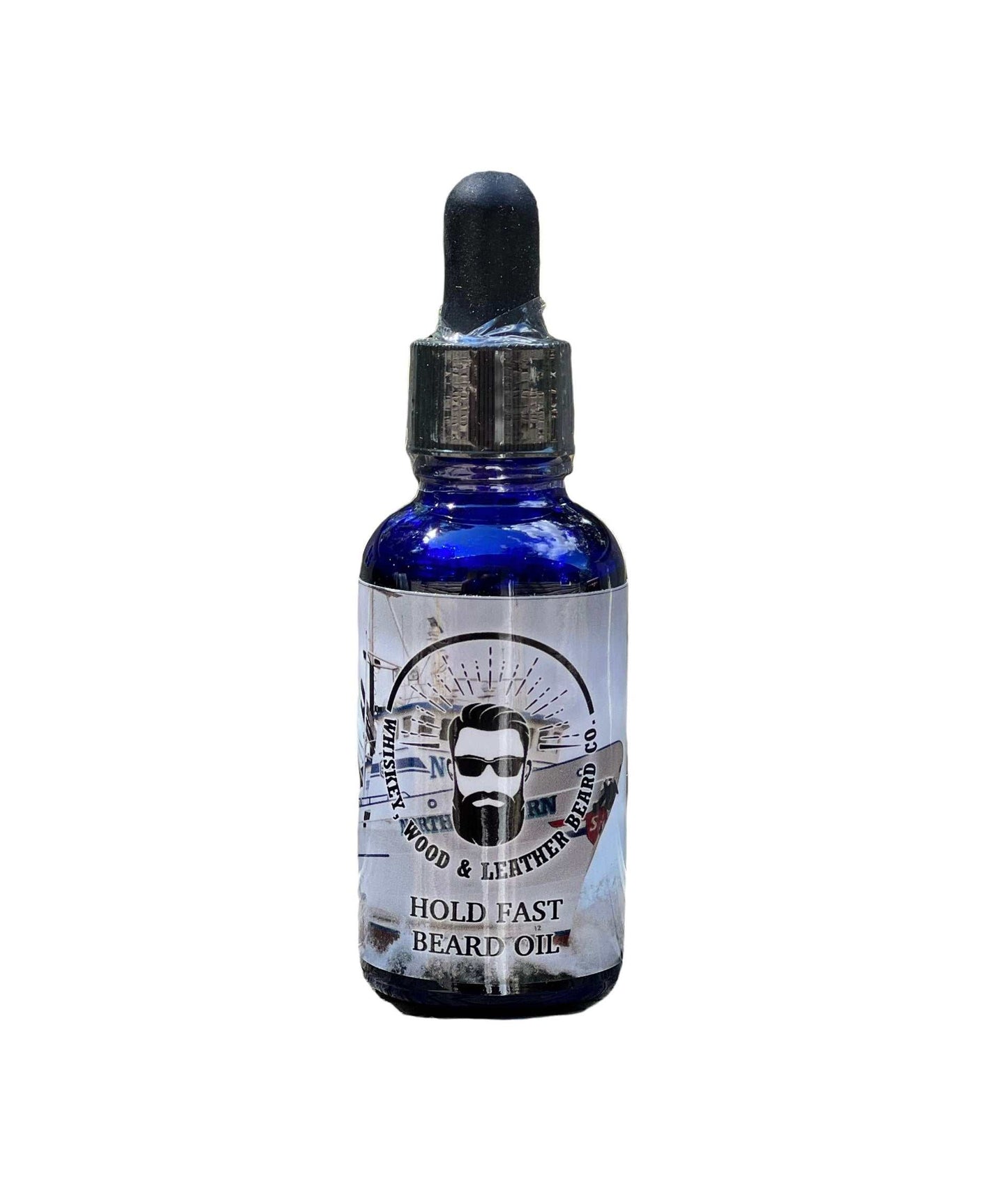 Hold Fast Beard Oil bottle with dropper, featuring Northwestern fishing vessel label.