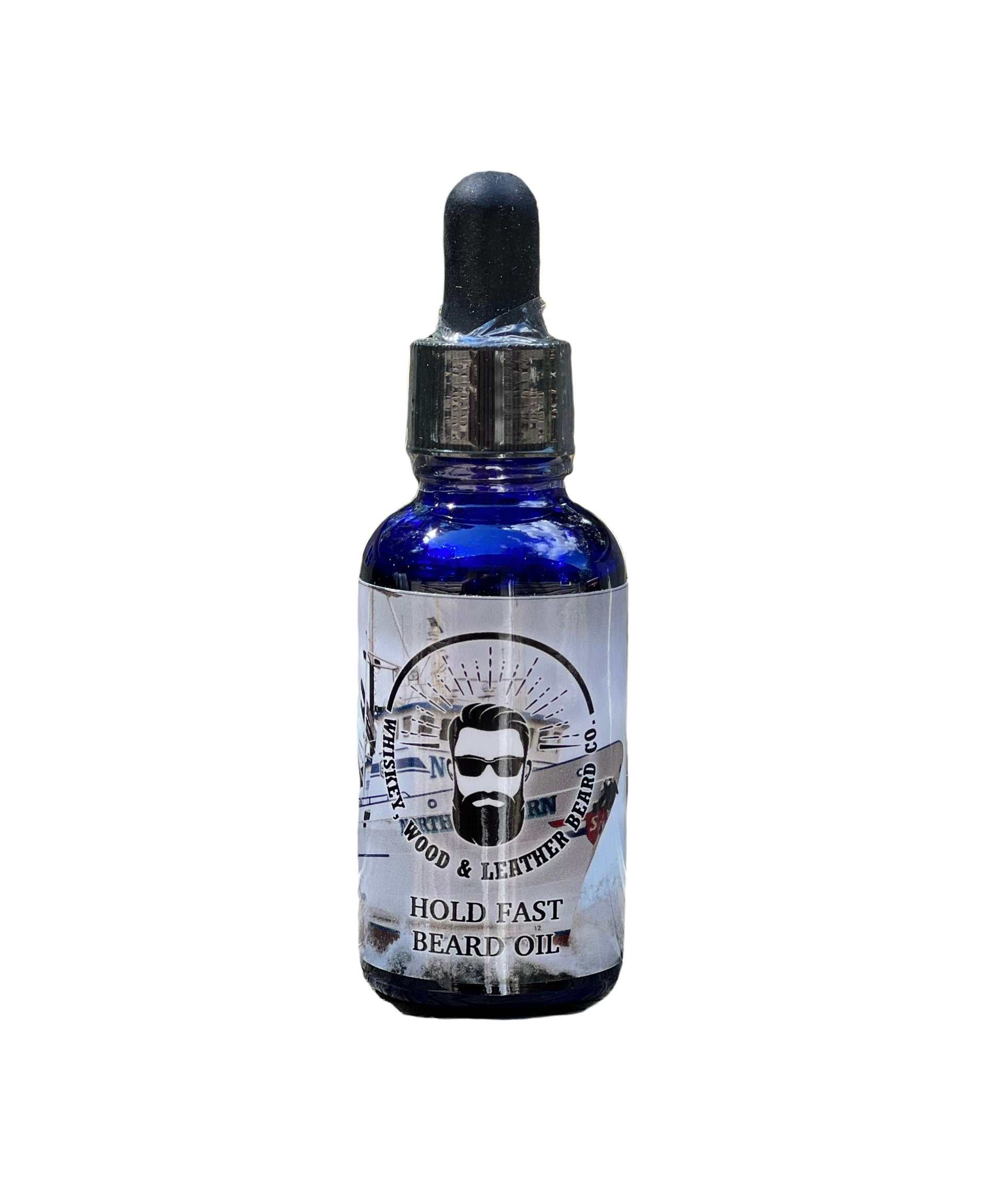 Hold Fast Beard Oil bottle with dropper, featuring Northwestern fishing vessel label.