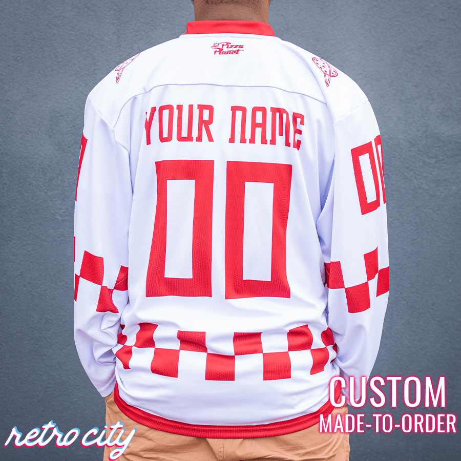 Retro City Threads Pizza Planet Hockey Fan Jersey (White) - Alternate Angle